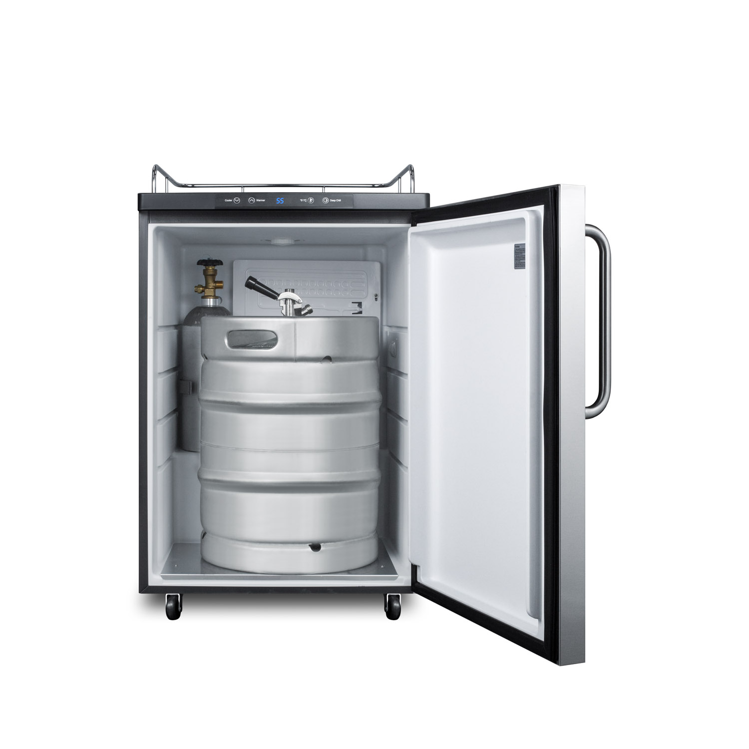 Freestanding residential beer dispenser, auto defrost w/digital thermostat, SS door, towel bar handle, and black cabinet; no tapping equipment included